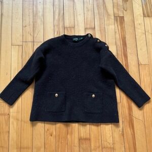 Lauren Ralph Lauren Black Wool Cashmere Blend Sweater Gold Button Detail XL